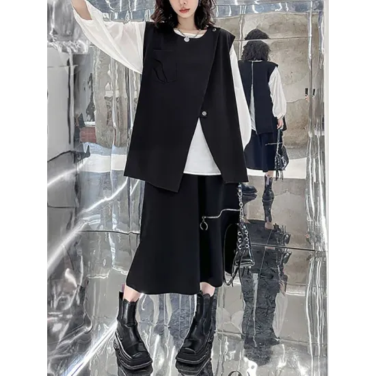 Asymmetric Zipper Loose Sleeveless Round-Neck Vest Top Asymmetric Zipper Loose Sleeveless Round-Neck Vest Top