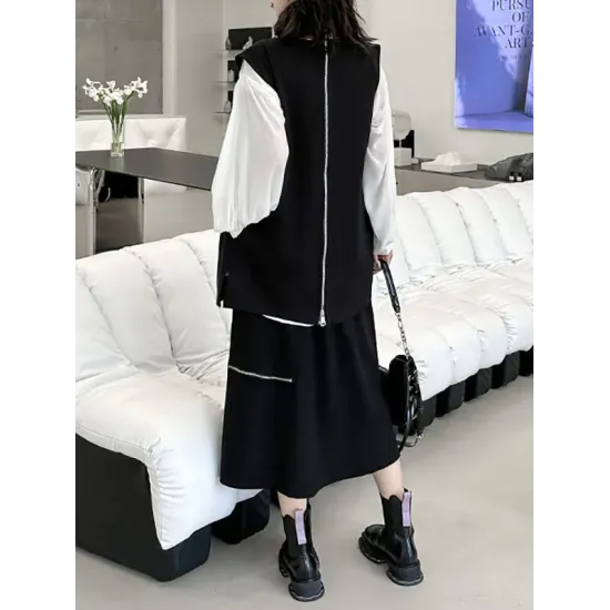 Asymmetric Zipper Loose Sleeveless Round-Neck Vest Top Asymmetric Zipper Loose Sleeveless Round-Neck Vest Top