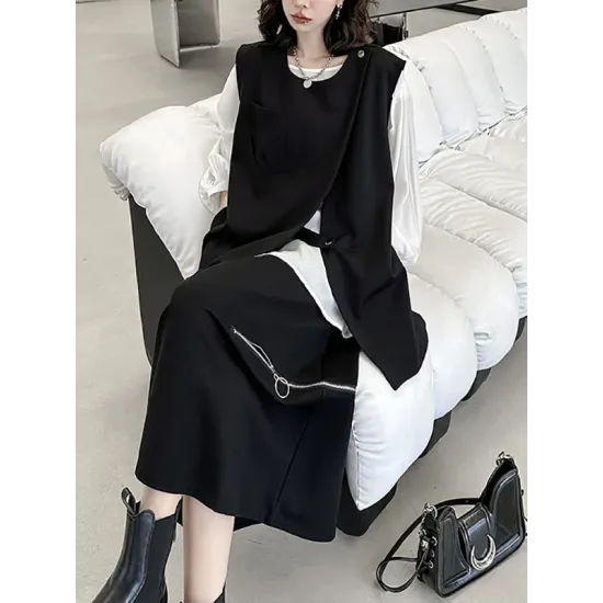 Asymmetric Zipper Loose Sleeveless Round-Neck Vest Top Asymmetric Zipper Loose Sleeveless Round-Neck Vest Top