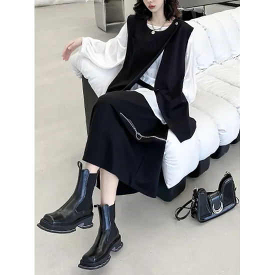 Asymmetric Zipper Loose Sleeveless Round-Neck Vest Top Asymmetric Zipper Loose Sleeveless Round-Neck Vest Top