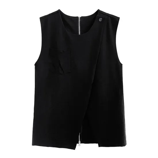 Asymmetric Zipper Loose Sleeveless Round-Neck Vest Top Asymmetric Zipper Loose Sleeveless Round-Neck Vest Top