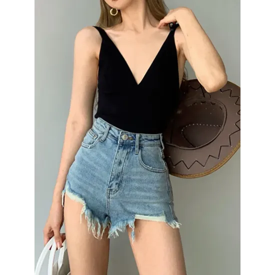 Solid Color Split-Joint Skinny Sleeveless V-Neck Vest Top