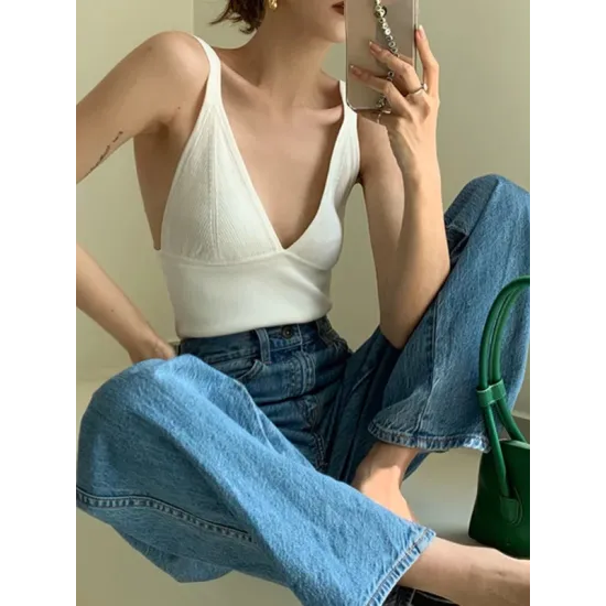 Solid Color Split-Joint Skinny Sleeveless V-Neck Vest Top