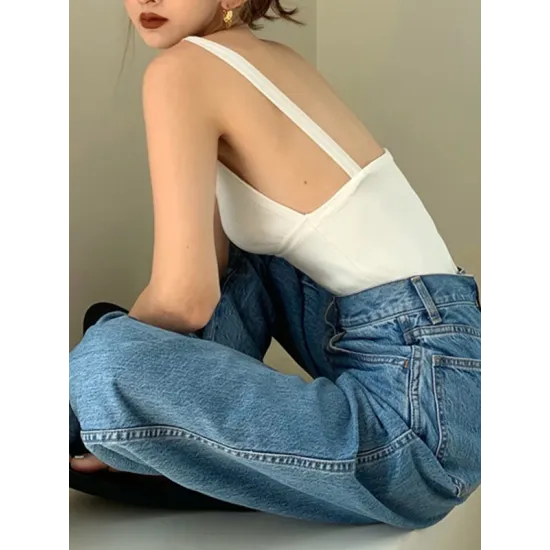 Solid Color Split-Joint Skinny Sleeveless V-Neck Vest Top