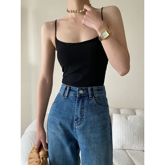 Adjustable Solid Color Skinny Spaghetti-Neck Vest Top Adjustable Solid Color Skinny Spaghetti-Neck Vest Top