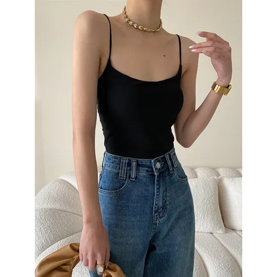 Adjustable Solid Color Skinny Spaghetti-Neck Vest Top Adjustable Solid Color Skinny Spaghetti-Neck Vest Top