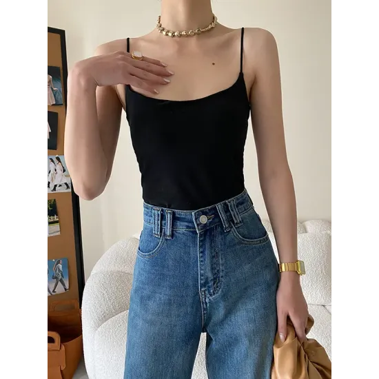 Adjustable Solid Color Skinny Spaghetti-Neck Vest Top Adjustable Solid Color Skinny Spaghetti-Neck Vest Top