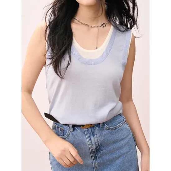 Contrast Color Split-Joint False Two Loose Round-neck Vest Top Contrast Color Split-Joint False Two Loose Round-neck Vest Top