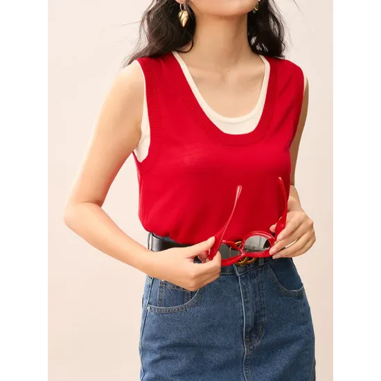 Contrast Color Split-Joint False Two Loose Round-neck Vest Top Contrast Color Split-Joint False Two Loose Round-neck Vest Top
