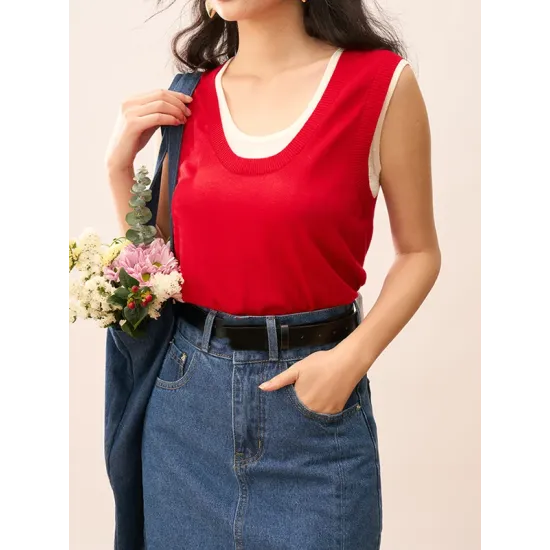 Contrast Color Split-Joint False Two Loose Round-neck Vest Top Contrast Color Split-Joint False Two Loose Round-neck Vest Top