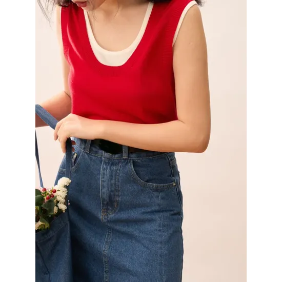 Contrast Color Split-Joint False Two Loose Round-neck Vest Top Contrast Color Split-Joint False Two Loose Round-neck Vest Top