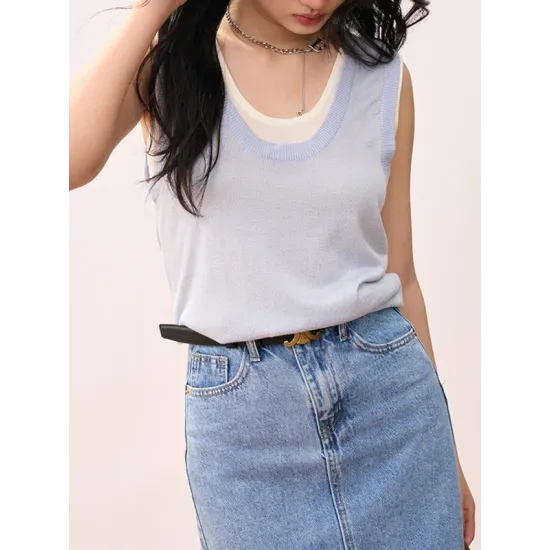 Contrast Color Split-Joint False Two Loose Round-neck Vest Top Contrast Color Split-Joint False Two Loose Round-neck Vest Top