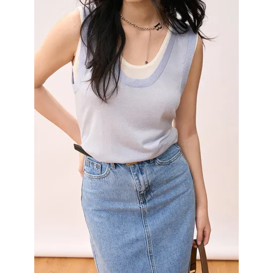 Contrast Color Split-Joint False Two Loose Round-neck Vest Top Contrast Color Split-Joint False Two Loose Round-neck Vest Top
