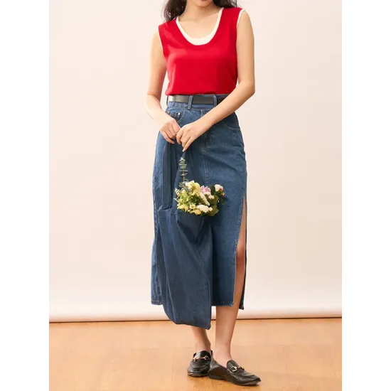Contrast Color Split-Joint False Two Loose Round-neck Vest Top Contrast Color Split-Joint False Two Loose Round-neck Vest Top