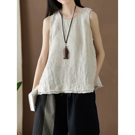 Fringed Solid Color Loose Sleeveless Round-Neck Vest Top Fringed Solid Color Loose Sleeveless Round-Neck Vest Top