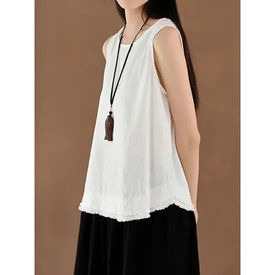 Fringed Solid Color Loose Sleeveless Round-Neck Vest Top Fringed Solid Color Loose Sleeveless Round-Neck Vest Top