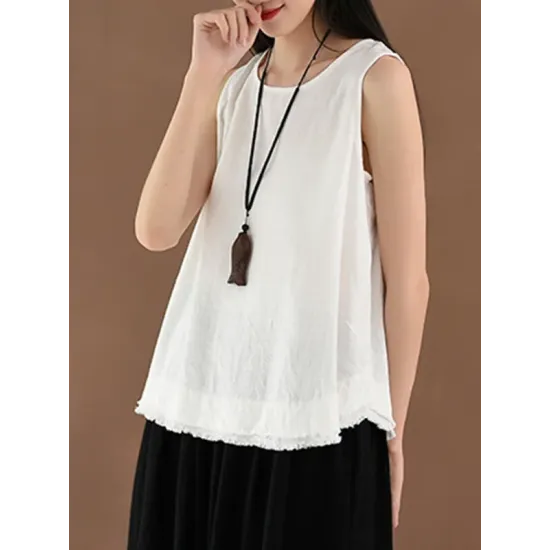 Fringed Solid Color Loose Sleeveless Round-Neck Vest Top Fringed Solid Color Loose Sleeveless Round-Neck Vest Top