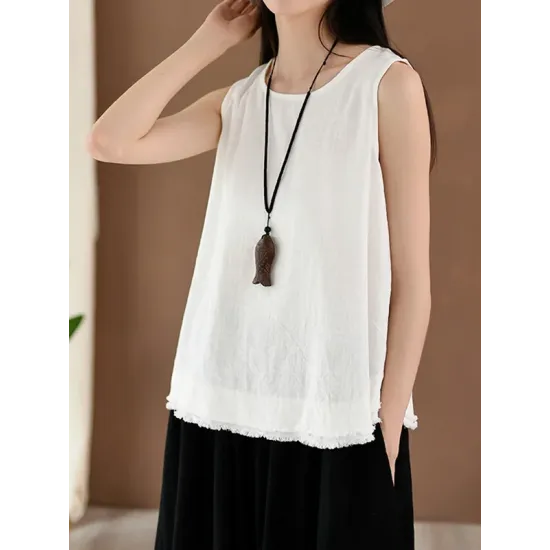 Fringed Solid Color Loose Sleeveless Round-Neck Vest Top Fringed Solid Color Loose Sleeveless Round-Neck Vest Top