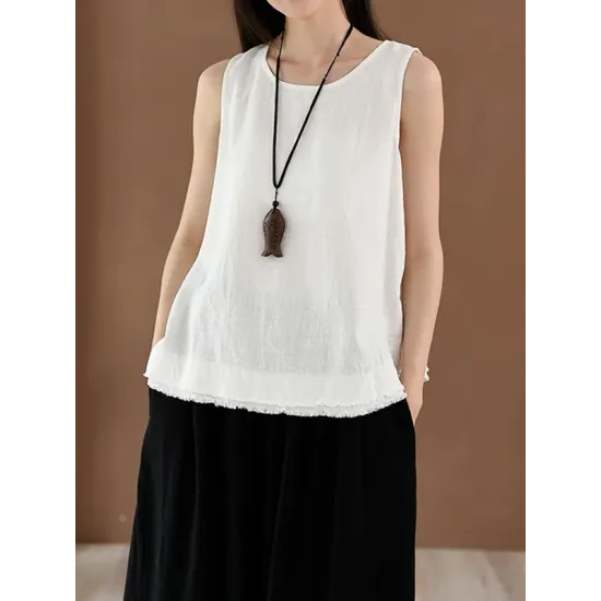 Fringed Solid Color Loose Sleeveless Round-Neck Vest Top Fringed Solid Color Loose Sleeveless Round-Neck Vest Top