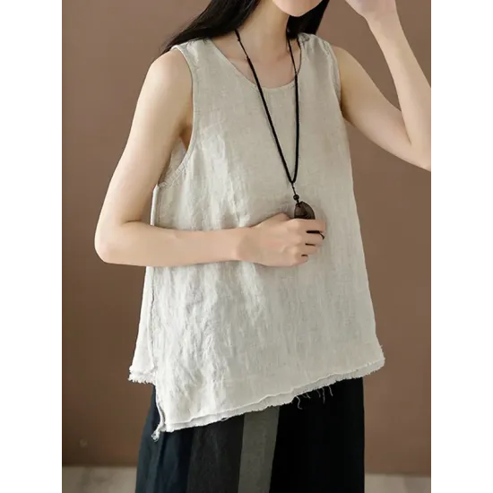 Fringed Solid Color Loose Sleeveless Round-Neck Vest Top Fringed Solid Color Loose Sleeveless Round-Neck Vest Top