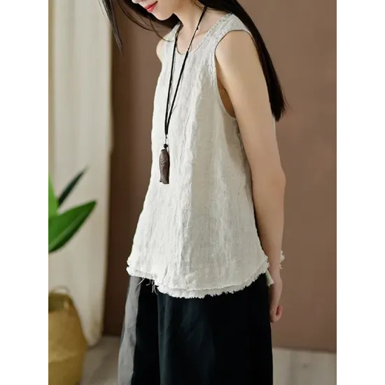 Fringed Solid Color Loose Sleeveless Round-Neck Vest Top Fringed Solid Color Loose Sleeveless Round-Neck Vest Top