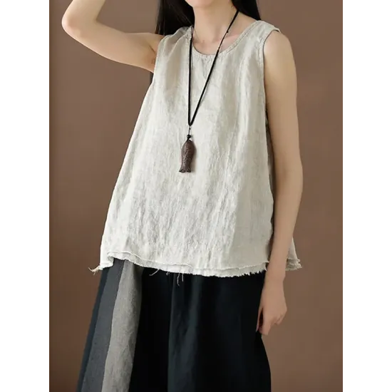 Fringed Solid Color Loose Sleeveless Round-Neck Vest Top Fringed Solid Color Loose Sleeveless Round-Neck Vest Top