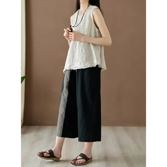 Fringed Solid Color Loose Sleeveless Round-Neck Vest Top Fringed Solid Color Loose Sleeveless Round-Neck Vest Top