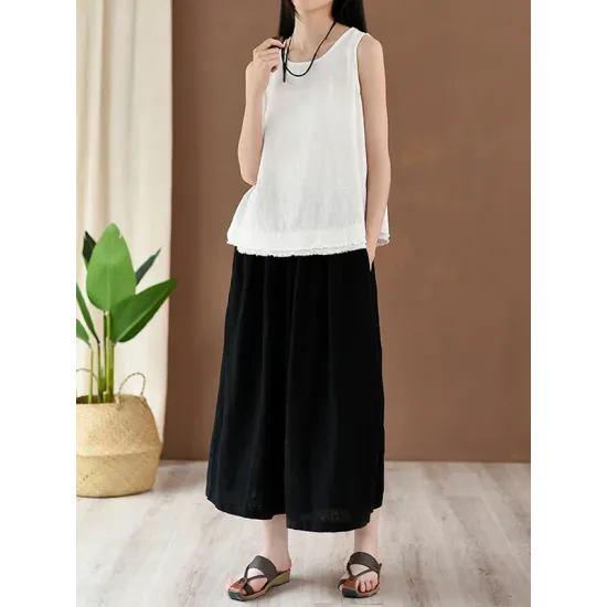 Fringed Solid Color Loose Sleeveless Round-Neck Vest Top Fringed Solid Color Loose Sleeveless Round-Neck Vest Top