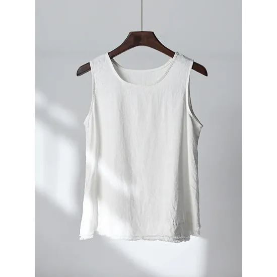 Fringed Solid Color Loose Sleeveless Round-Neck Vest Top Fringed Solid Color Loose Sleeveless Round-Neck Vest Top