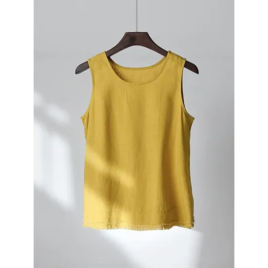 Fringed Solid Color Loose Sleeveless Round-Neck Vest Top Fringed Solid Color Loose Sleeveless Round-Neck Vest Top