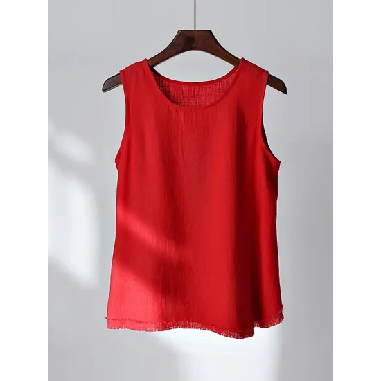 Fringed Solid Color Loose Sleeveless Round-Neck Vest Top Fringed Solid Color Loose Sleeveless Round-Neck Vest Top