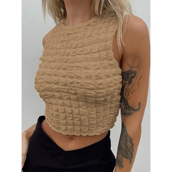 Pleated Solid Color Skinny Sleeveless Round-Neck Vest Top Pleated Solid Color Skinny Sleeveless Round-Neck Vest Top
