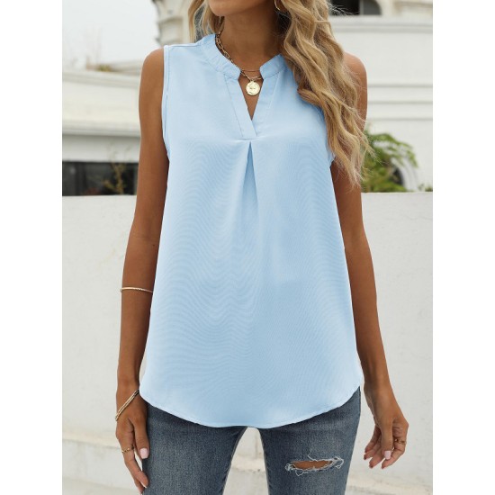 Pleated Solid Color Loose Sleeveless V-Neck Vest Top Pleated Solid Color Loose Sleeveless V-Neck Vest Top