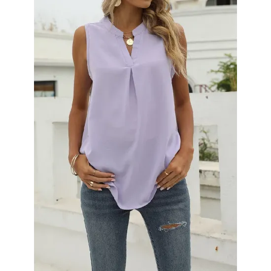Pleated Solid Color Loose Sleeveless V-Neck Vest Top Pleated Solid Color Loose Sleeveless V-Neck Vest Top