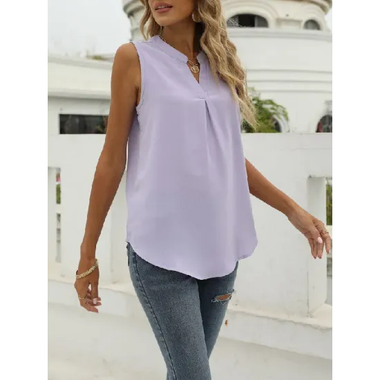 Pleated Solid Color Loose Sleeveless V-Neck Vest Top Pleated Solid Color Loose Sleeveless V-Neck Vest Top