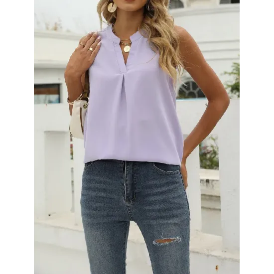 Pleated Solid Color Loose Sleeveless V-Neck Vest Top Pleated Solid Color Loose Sleeveless V-Neck Vest Top