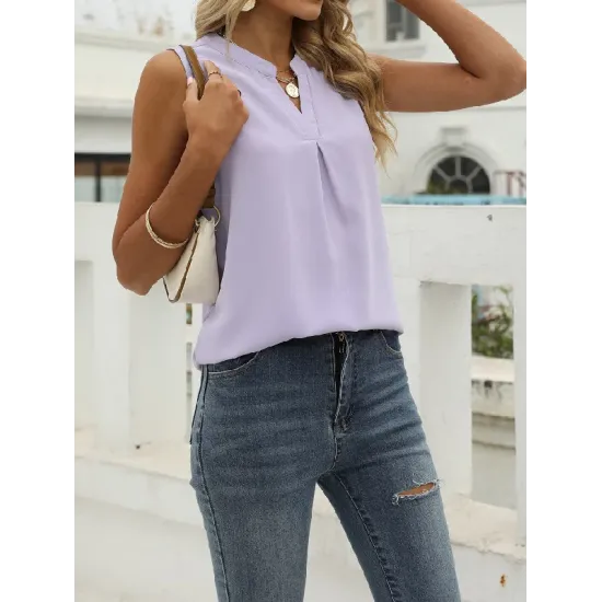 Pleated Solid Color Loose Sleeveless V-Neck Vest Top Pleated Solid Color Loose Sleeveless V-Neck Vest Top