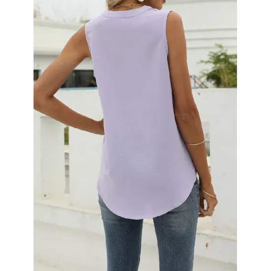 Pleated Solid Color Loose Sleeveless V-Neck Vest Top Pleated Solid Color Loose Sleeveless V-Neck Vest Top