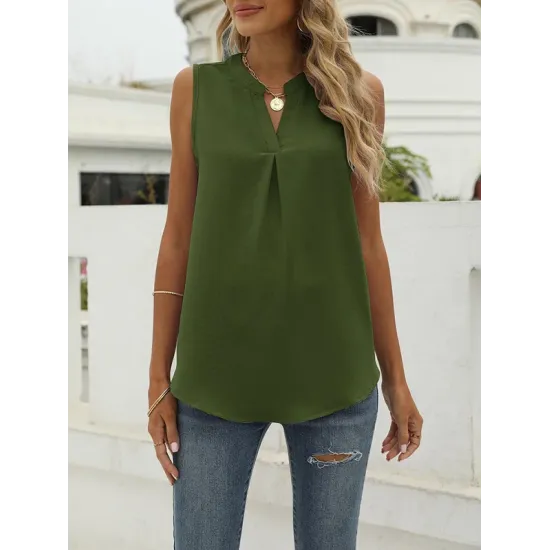 Pleated Solid Color Loose Sleeveless V-Neck Vest Top Pleated Solid Color Loose Sleeveless V-Neck Vest Top