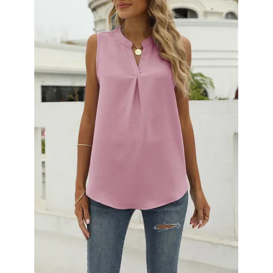 Pleated Solid Color Loose Sleeveless V-Neck Vest Top Pleated Solid Color Loose Sleeveless V-Neck Vest Top