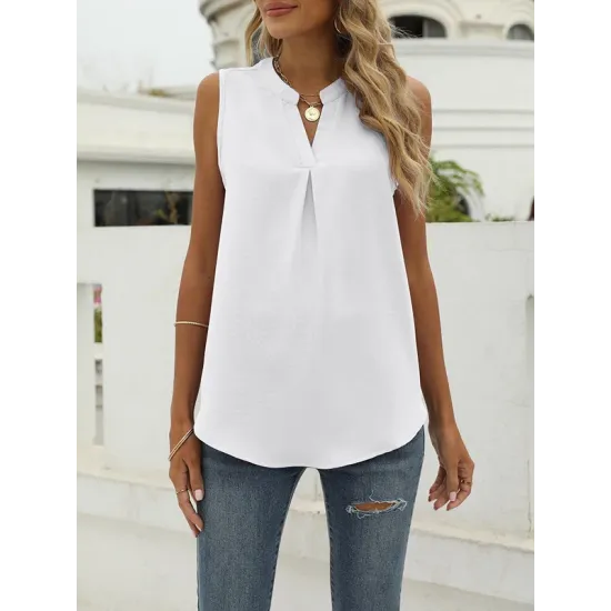 Pleated Solid Color Loose Sleeveless V-Neck Vest Top Pleated Solid Color Loose Sleeveless V-Neck Vest Top