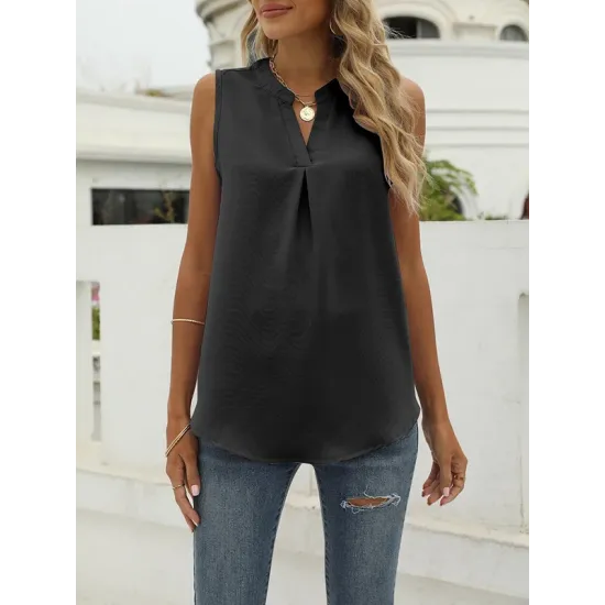 Pleated Solid Color Loose Sleeveless V-Neck Vest Top Pleated Solid Color Loose Sleeveless V-Neck Vest Top