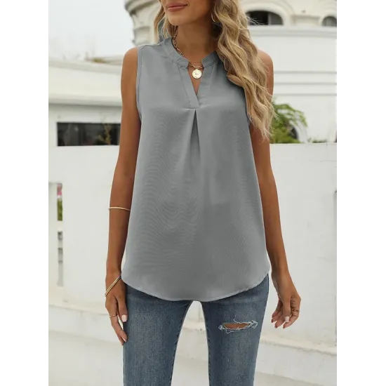 Pleated Solid Color Loose Sleeveless V-Neck Vest Top Pleated Solid Color Loose Sleeveless V-Neck Vest Top