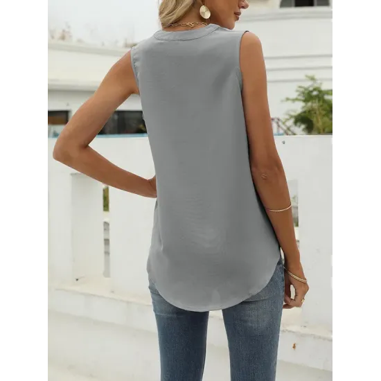 Pleated Solid Color Loose Sleeveless V-Neck Vest Top Pleated Solid Color Loose Sleeveless V-Neck Vest Top