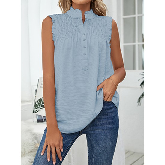 Pleated Solid Color Loose Sleeveless Stand Collar Vest Top Pleated Solid Color Loose Sleeveless Stand Collar Vest Top