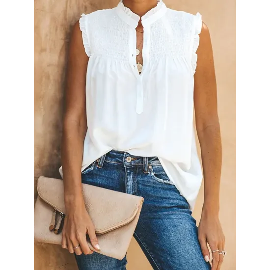 Pleated Solid Color Loose Sleeveless Stand Collar Vest Top Pleated Solid Color Loose Sleeveless Stand Collar Vest Top