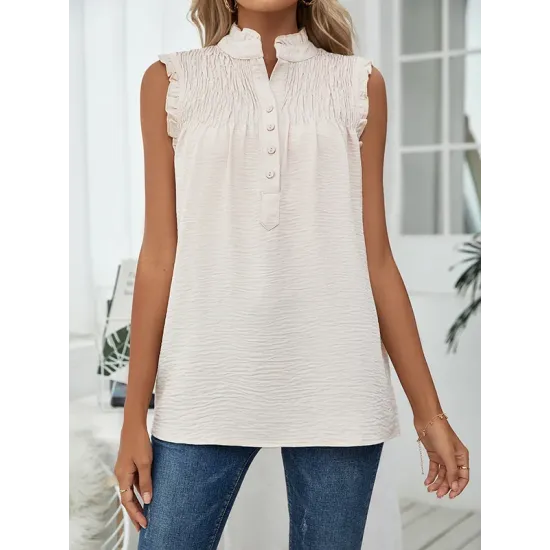 Pleated Solid Color Loose Sleeveless Stand Collar Vest Top Pleated Solid Color Loose Sleeveless Stand Collar Vest Top