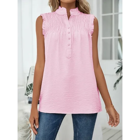 Pleated Solid Color Loose Sleeveless Stand Collar Vest Top Pleated Solid Color Loose Sleeveless Stand Collar Vest Top