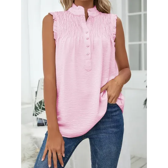 Pleated Solid Color Loose Sleeveless Stand Collar Vest Top Pleated Solid Color Loose Sleeveless Stand Collar Vest Top