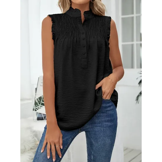 Pleated Solid Color Loose Sleeveless Stand Collar Vest Top Pleated Solid Color Loose Sleeveless Stand Collar Vest Top